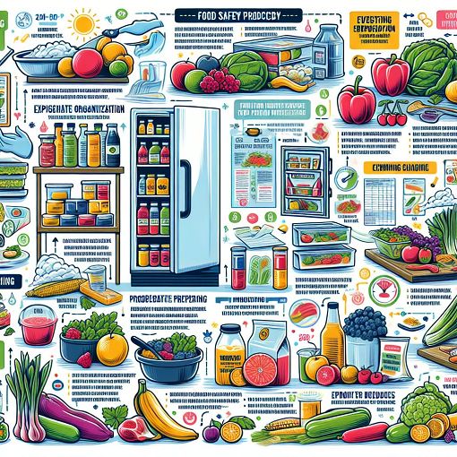 Create an engaging and informative infographic representing food safety practices, including visuals of fresh produce, packaged food with labels, and safe storage methods.