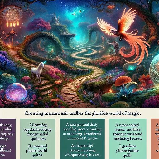 Generate an enchanting fantasy scene depicting various magical paths and objects, inspired by mythical creatures and wizardry, showcasing a vibrant and mystical atmosphere.