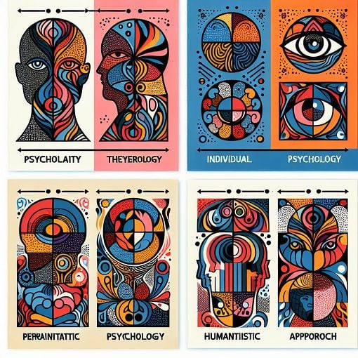 Create an illustration depicting various personality theories, including Freud, Adler, Jung, and Rogers, with vibrant colors and engaging visuals that convey the complexity of human personality.