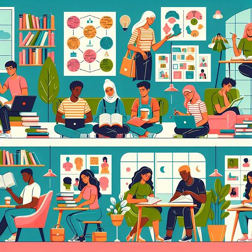 Create an engaging and colorful illustration of diverse students studying in various environments, showcasing different study techniques and styles.