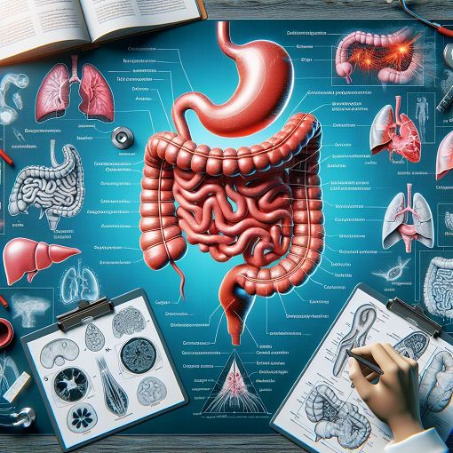 An illustration depicting various causes of intestinal obstruction, highlighting symptoms and diagnostic tools in a medical setting, featuring anatomical drawings and radiographic images.