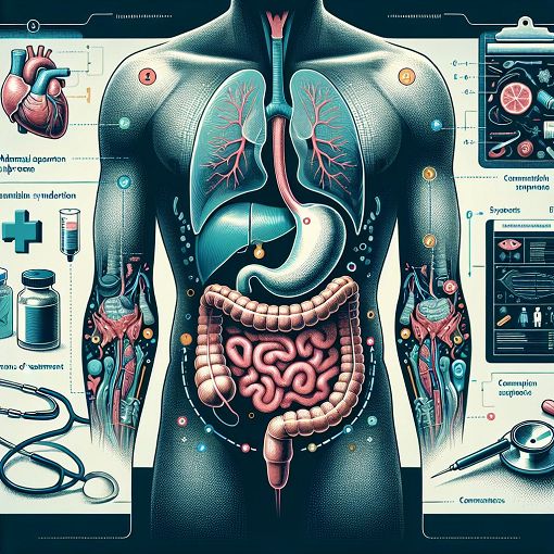 Create an informative and visually engaging medical illustration depicting abdominal compartment syndrome with a focus on anatomy, symptoms, and treatment methods, using professional colors and medical-themed elements.