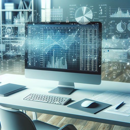A modern office desk with a computer displaying an Excel spreadsheet, with an overlay of Excel-related graphics like charts and formulas