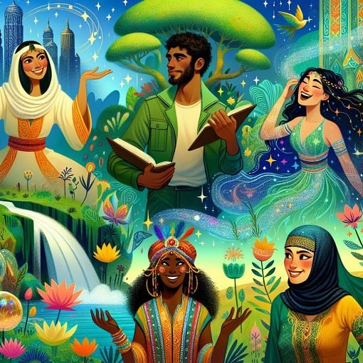 A whimsical illustration of diverse characters, each representing different personality traits, set in a vibrant, fantasy landscape.