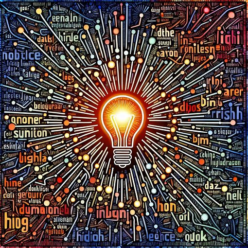 A colorful illustration of various words connected by lines exploring their meanings and definitions, with a lightbulb icon symbolizing knowledge and learning.