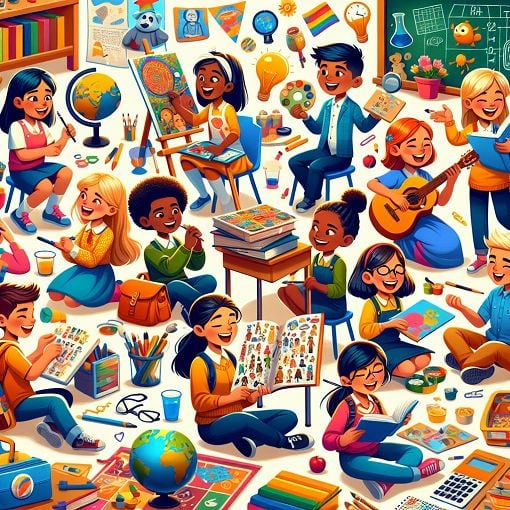 A vibrant illustration depicting characters and scenes from a fictional school universe, with an emphasis on creativity, friendship, and fun activities in a classroom setting.