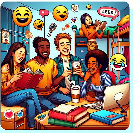 A vibrant, cartoon-style illustration of a group of diverse college students gathered together, featuring elements of fun and camaraderie, with a playful atmosphere reminiscent of dorm life, including various humorous memes around them.