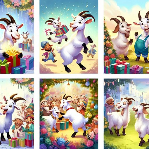 A whimsical and colorful illustration of different Goatling characters, each showcasing their personalities in a vibrant and magical setting. Include elements like gifts, laughter, and a welcoming atmosphere.