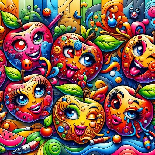 A colorful, whimsical illustration of cartoon apples with various facial expressions and accessories, representing different personalities, set in a playful and artistic background.