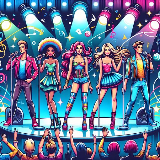 A vibrant and colorful illustration of various Kpop group leaders, each representing different traits, standing together in a lively concert setting.