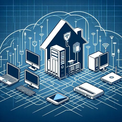 A digital illustration of a home computer network with interconnected devices, routers, and a firewall, showing data flow and connectivity symbolically.