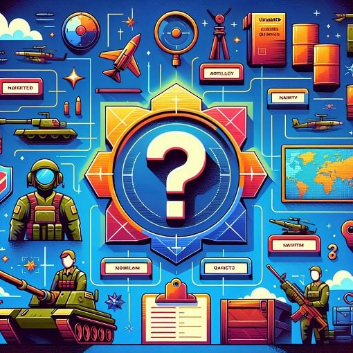 A colorful and dynamic illustration showing a gaming-themed quiz interface with elements related to Counter-Strike, such as maps, weapons, and characters, along with a question mark to signify knowledge testing.