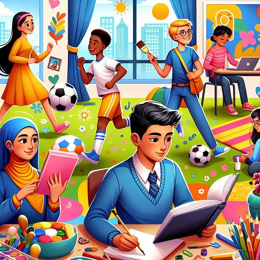 A colorful illustration of students engaged in various school activities, such as playing sports, painting, studying, and reading, with a vibrant classroom background.