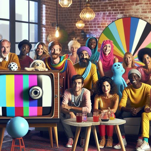 A colorful and playful illustration featuring various characters lounging and interacting in a casual, modern setting, reminiscent of a quirky television show atmosphere.