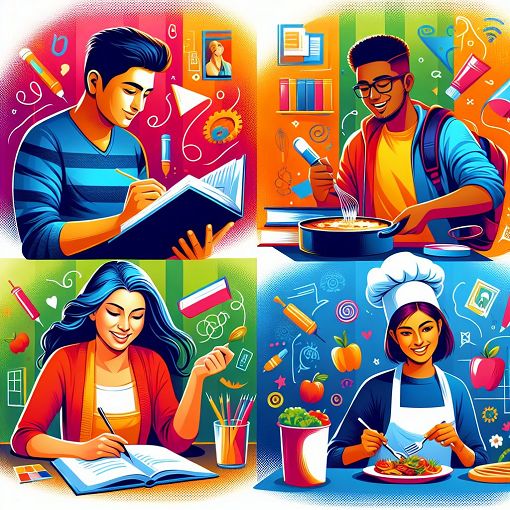 A vibrant and colorful illustration depicting college students engaging in various activities like cooking, studying, and hanging out, symbolizing the themes of community, personal preference, and student life.