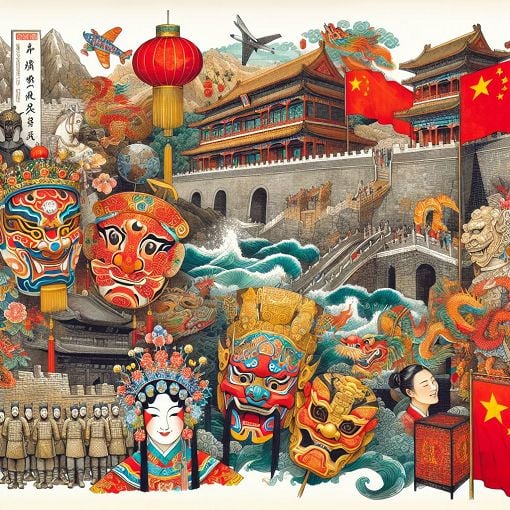 A vibrant and informative illustration featuring iconic symbols of China such as the Great Wall, Chinese flag, and portraits of major Chinese leaders in a collage format.