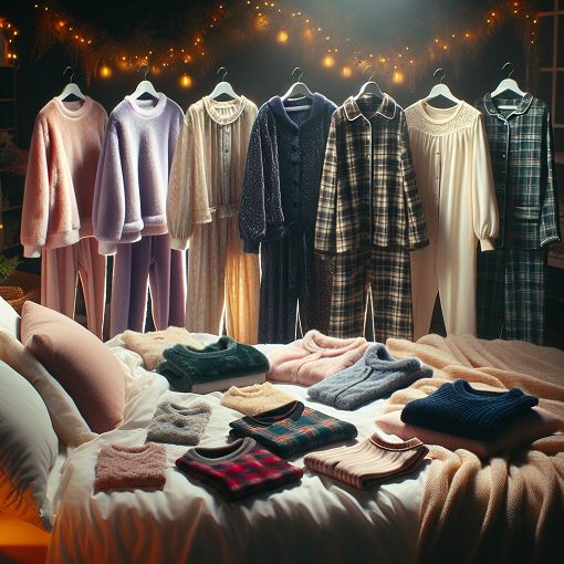 A cozy bedroom scene featuring different styles of pajamas, showcasing various fabrics and colors, with a warm, inviting atmosphere and soft lighting.