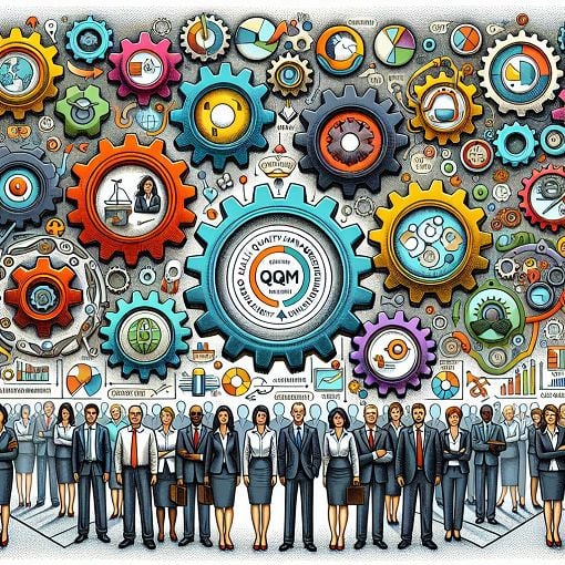 A vibrant image depicting quality management concepts, including gears, teamwork, and TQM principles, in a corporate environment.