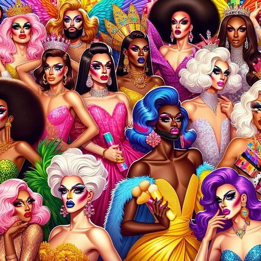 A colorful illustration showcasing a cast of diverse drag queens in glamorous outfits, featuring elements like crowns, makeup brushes, and vibrant backgrounds, embodying the spirit of a drag competition.