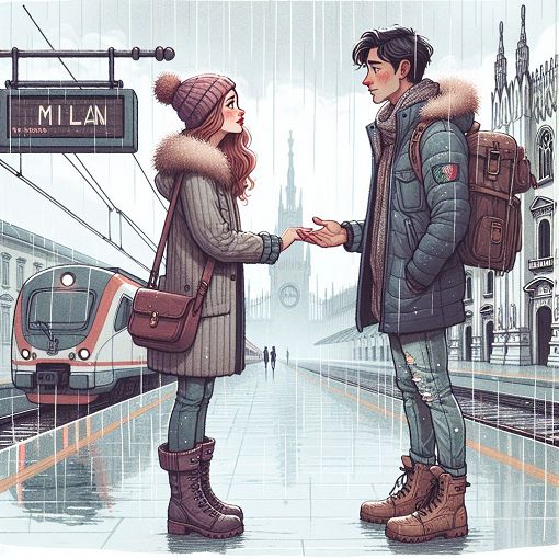 A whimsical illustration of a train station in Milan during winter, featuring two characters in a bittersweet farewell, with a rainy backdrop and hints of love and conflict.