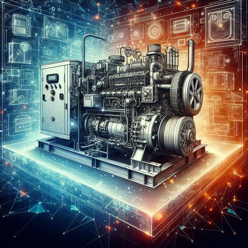 Generate an image of a modern power generation setup, featuring a Mahindra Powerol diesel generator, showcasing its technical components and emphasizing energy efficiency, with a vibrant background that reflects innovation in energy technology.