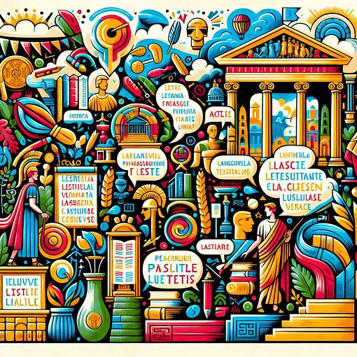 A vibrant illustration of Latin phrases and passive voice grammar concepts, featuring classic Roman themes and an abstract representation of language learning.