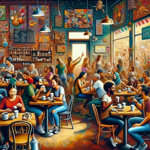 A colorful and lively café scene showing people enjoying coffee, with artistic elements representing local culture and community togetherness.