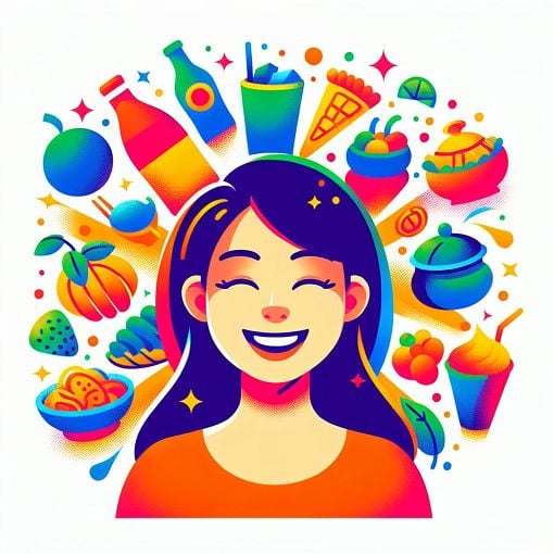 A colorful illustration depicting a young woman surrounded by icons representing her favorite foods, drinks, and hobbies, with a joyful expression on her face.