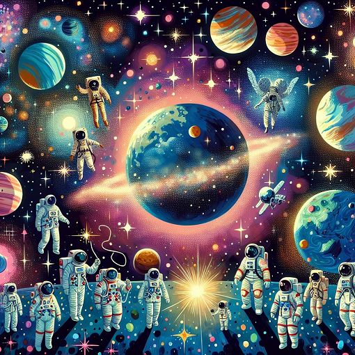 A vibrant representation of the cosmos featuring planets, stars, and astronauts, with a starry background and a whimsical feel.