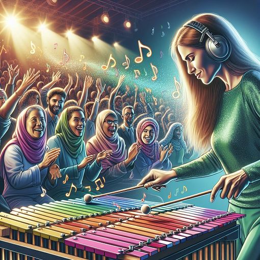 A vibrant and colorful illustration of a deaf female percussionist playing a xylophone surrounded by musical notes and enthusiastic audience in a concert setting.