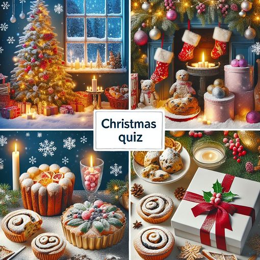 A festive Christmas quiz theme featuring decorations, Christmas tree, snow, and holiday food items like stollen and mince pies