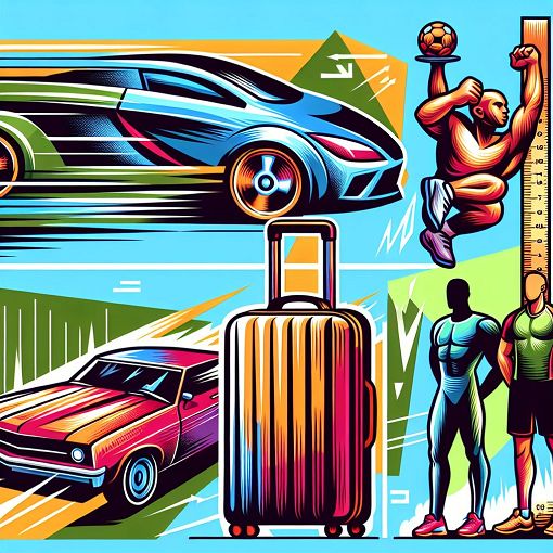 Create an illustration showing various items and their comparative adjectives, such as fast car, heavy suitcase, and tall players, in a visually engaging manner.