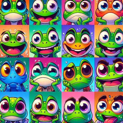 A vibrant and colorful collage of various Pepe the Frog characters showcasing different emotions and expressions, appealing to a diverse audience, with a playful and humorous tone.