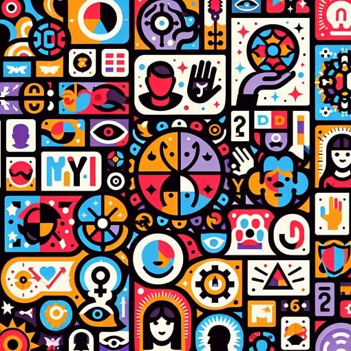 A colorful and engaging graphic representing various personality types, showcasing elements of personality psychology, with icons or symbols for different MBTI types, a fun and inviting style