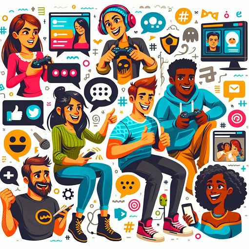 A vibrant, cartoon-style illustration showing a group of diverse friends reacting to various social situations, with elements representing internet culture and playful interactions.