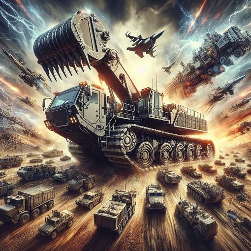 A highly detailed illustration of various military vehicles, including earthmovers, recovery vehicles, and electronic warfare systems, set against a dynamic battlefield backdrop.