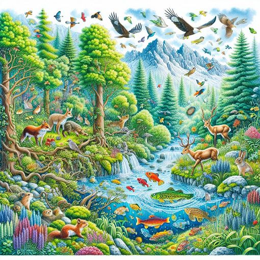 A vibrant landscape featuring a variety of plants and animals in their natural habitats, highlighting themes of photosynthesis, competition, and environmental factors.