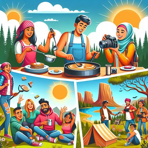 A vibrant and colorful illustration depicting a fun group of friends at a camp, engaging in activities like having pancakes, taking group photos, and playing games, with the backdrop of a scenic nature setting.