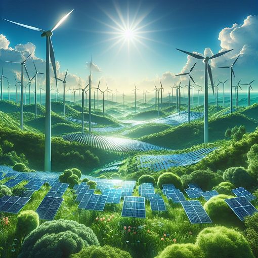 A vibrant landscape featuring renewable energy sources like solar panels and wind turbines in a lush, green environment, alongside a clear blue sky, symbolizing sustainability and environmental conservation.