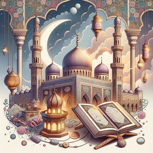 An educational representation of Islam, featuring a mosque, Quran, and symbolic elements of the Islamic faith in a vibrant and inviting style.