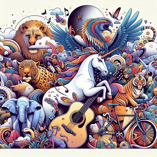 A vibrant, whimsical illustration depicting a unicorn, various animals like a leopard and tiger, a guitar, and a bicycle in a fantastical setting, with hints of myth and modernity, colorful and inviting.