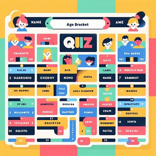 An engaging quiz graphic showing various name pairs with age-related themes, colorful design, and playful typography.