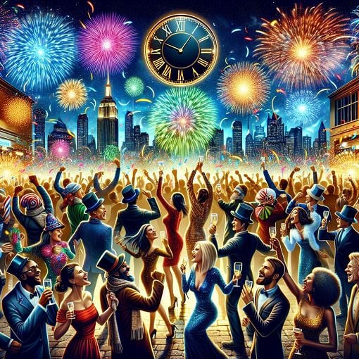 Create a colorful and festive New Year's Eve celebration scene, featuring fireworks, a countdown clock, and people celebrating at midnight.