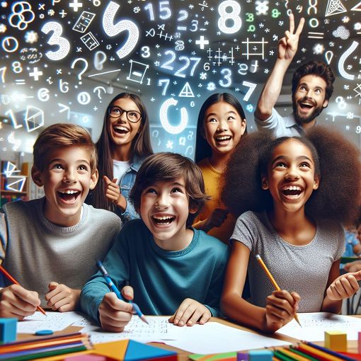 A group of diverse students excitedly solving math problems together, with numbers and rounding symbols floating around them, in a bright classroom setting, cheerful atmosphere, children engaging with math.