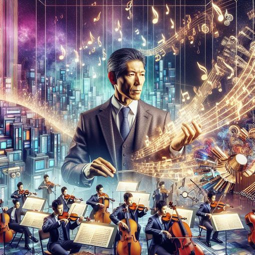 Create an artistic representation of a music composer composing orchestral music with a futuristic and anime-inspired background, showcasing elements like musical notes, anime characters, and orchestral instruments.