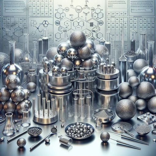 A detailed illustration of metal alloys and their properties in a laboratory setting, with phase diagrams in the background and metallic samples on a table.