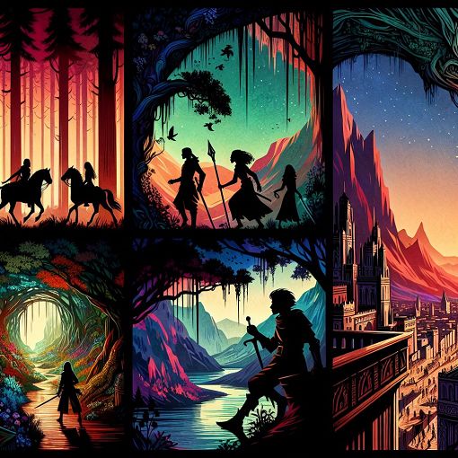 A colorful and mystical fantasy landscape depicting various Tarcadian environments such as caves, forests, and cities, with silhouetted figures representing different classes and personalities.