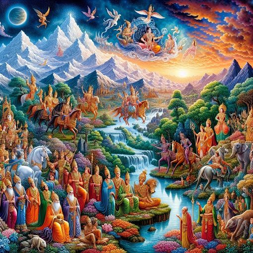 An artistic depiction of characters and scenes from Bhagavatham, featuring sages, kings, and divine elements in a vibrant, mystical landscape.