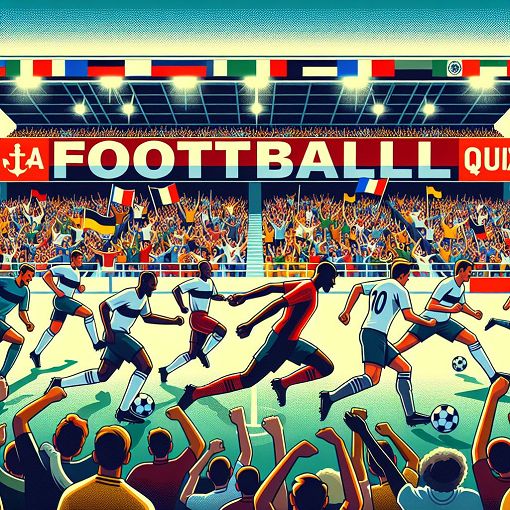 A vibrant and dynamic illustration of a football stadium filled with enthusiastic fans, featuring players in action on the pitch, showcasing the excitement of a football quiz.