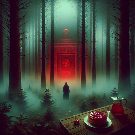 A surreal, dream-like image inspired by Twin Peaks, featuring a misty forest, a red room with an enigmatic figure, and elements like coffee and cherry pie, embodying the show's strange and mysterious atmosphere.